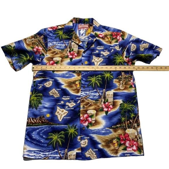 RJC Hawaiian Shirt Islands Music Drums Guitar Hibiscus Palm Trees Aloha Sz M - Picture 3 of 10